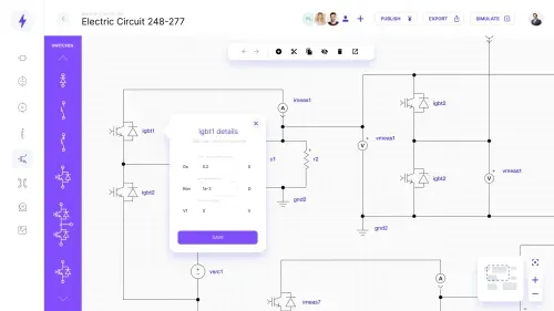 Data visualization example of an electric circuit diagram featuring various components like IGBTs and resistors, with a details panel showing specifications and tool options for publishing, exporting, and simulating the circuit.