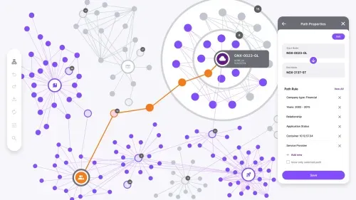Data visualization example of a knowledge graph presenting a complex network with interconnected nodes and pathways, featuring a highlighted path in orange and detailed node properties displayed on the right-side panel.