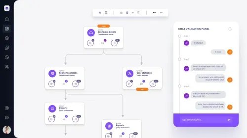 Data visualization of a chatbot builder with a flowchart and nodes representing economic details and user statistics, and a chat validation panel on the right displaying a conversation with multiple steps and user interactions.
