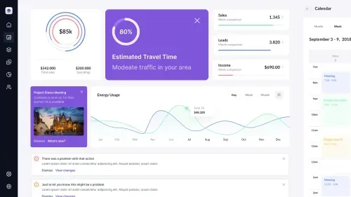 Data visualization example of a dashboard showing financial metrics such as total sales, spendings, sales, leads, and income. The dashboard includes a progress ring chart for financial goals, an estimated travel time indicator, a project status meeting section, a line chart, and a calendar view.