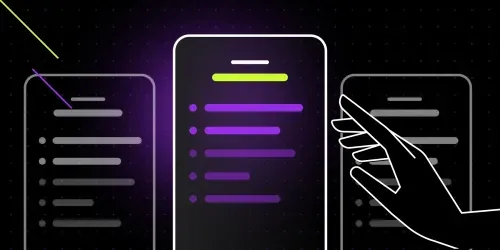 Illustration of a hand interacting with one of three options displaying a list of items in purple and green. The design features additional screens on a dark background, representing optimal cost estimation for data visualization products.