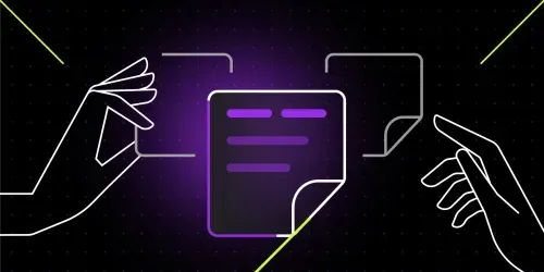 Illustration of two hands interacting with documents, featuring a central document highlighted in purple with text lines, connected to other documents. The design includes purple and green accents on a dark background, representing concept preparation for data visualization product.