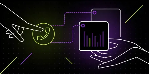 Illustration featuring a hand pointing to a phone icon and another hand holding a data chart, connected by dotted lines. The design includes purple and green accents on a dark background, representing the first step in the cooperation process with our data visualization agency.