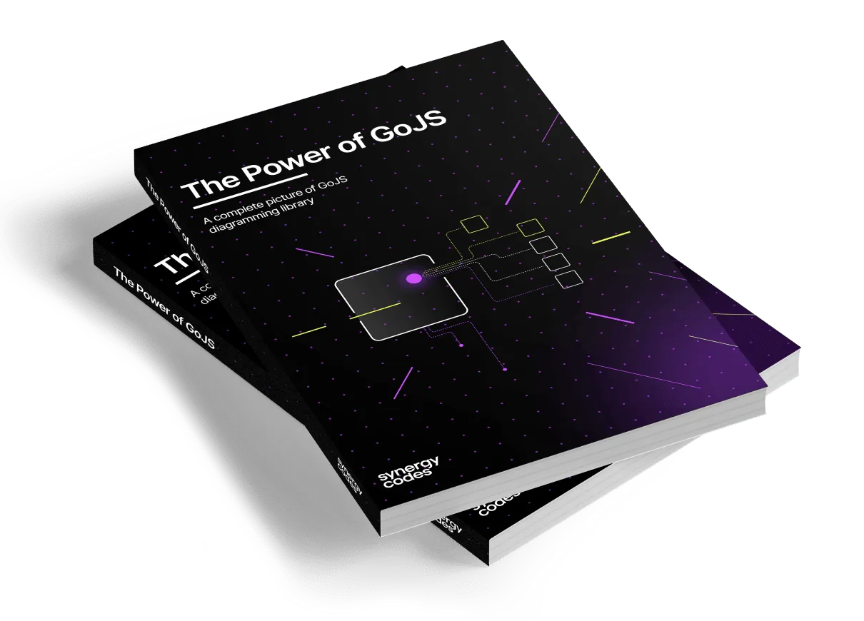 Stack of books titled ‘The Power of GoJS’ with a subtitle ‘A comprehensive guide to data visualization using GoJS’ on the cover. The books feature a dark-themed design with graphical elements, highlighting the capabilities and features of GoJS for creating interactive diagrams and visualizations.
