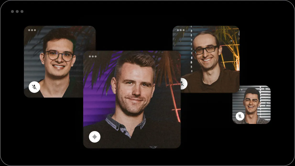 Group meeting interface featuring four smiling team members in a dark-themed layout. Highlights a collaborative and engaging virtual meeting environment.