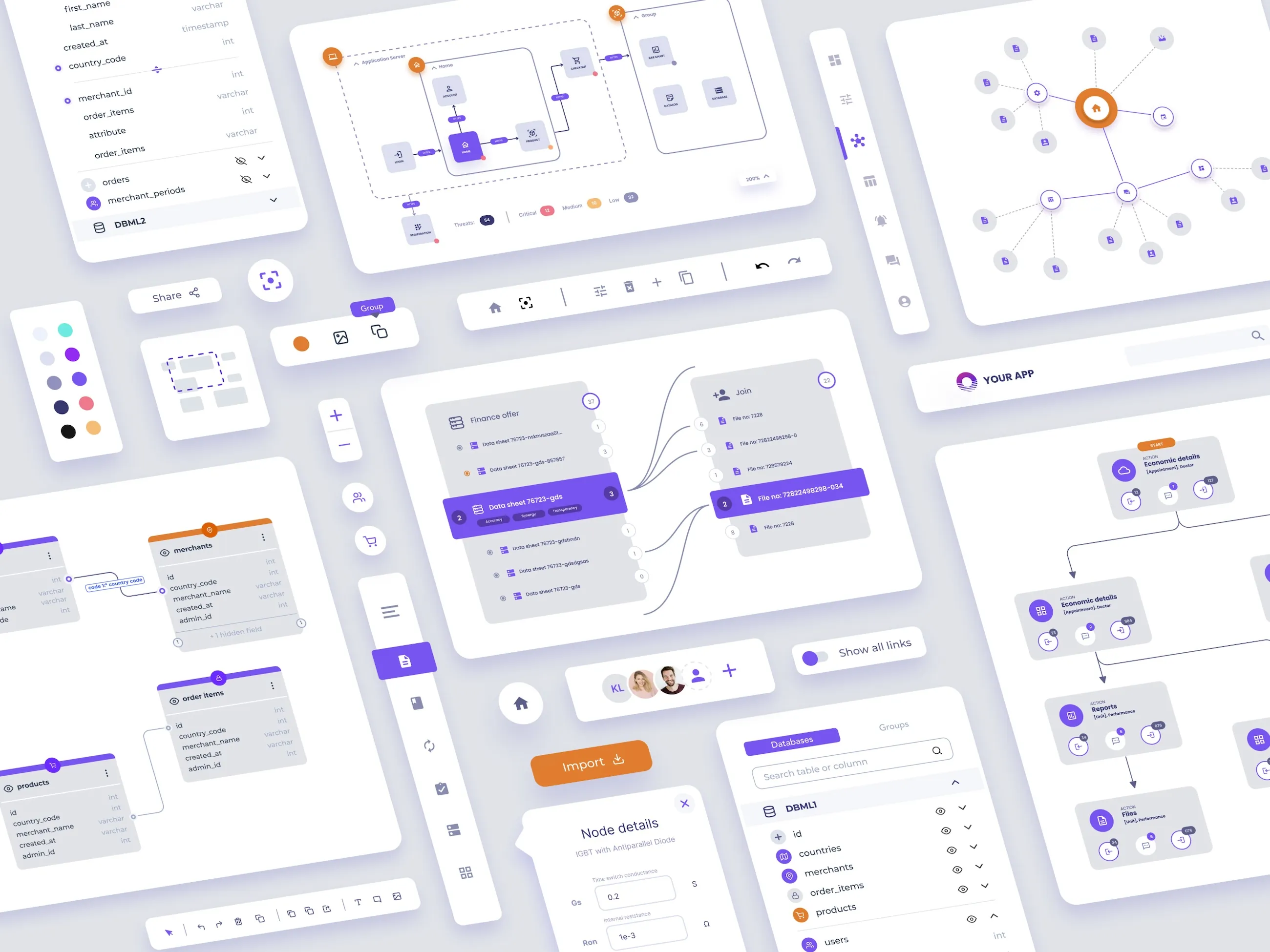 Modern interface showcasing a collection of data visualization tools, including diagrams, flowcharts, and interactive node maps. Features a clean and intuitive design with collaborative elements and vibrant accents in purple and orange.