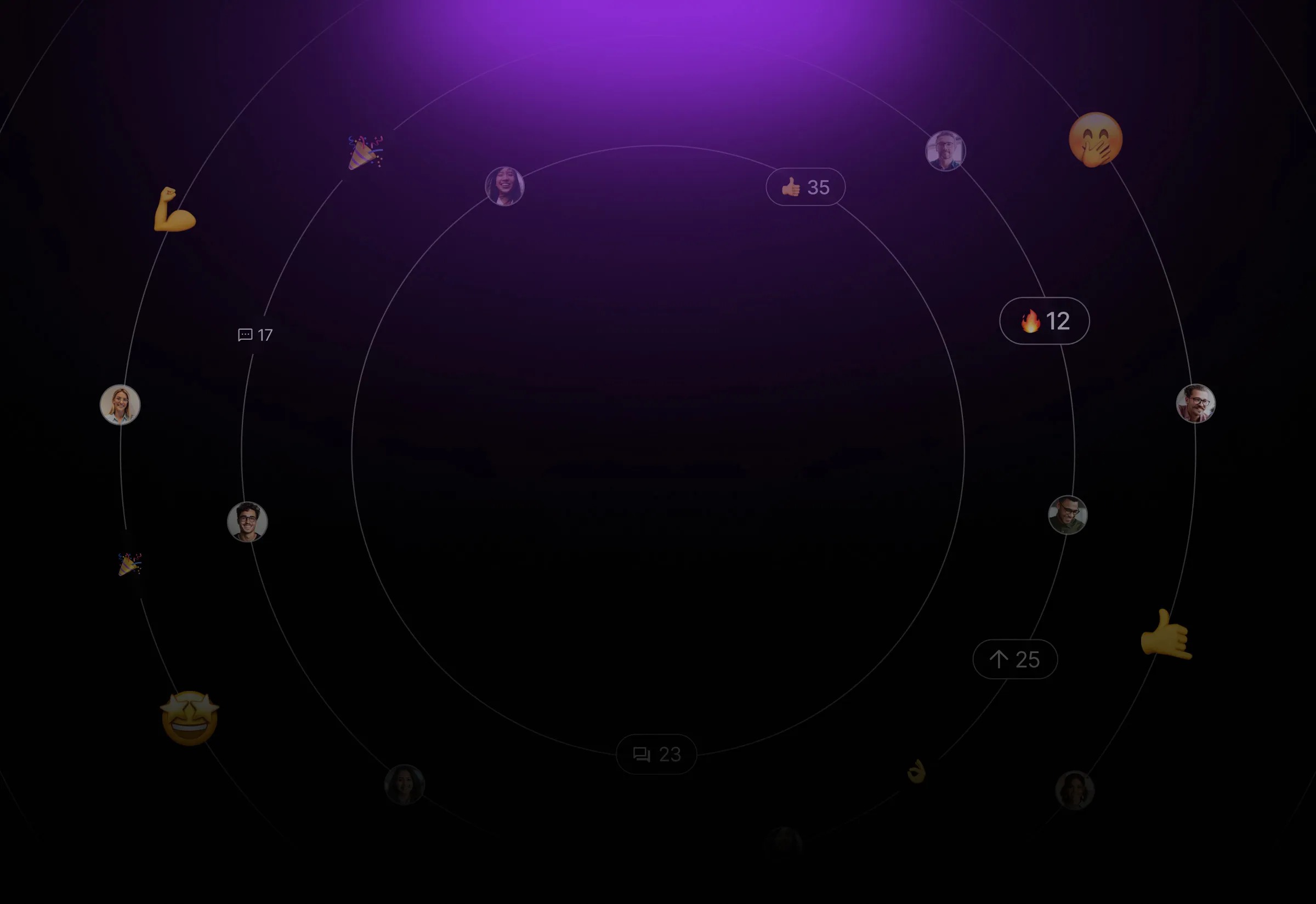 Abstract diagramming community visualization showcasing user engagement with emojis, reactions, and connections on a dark purple background