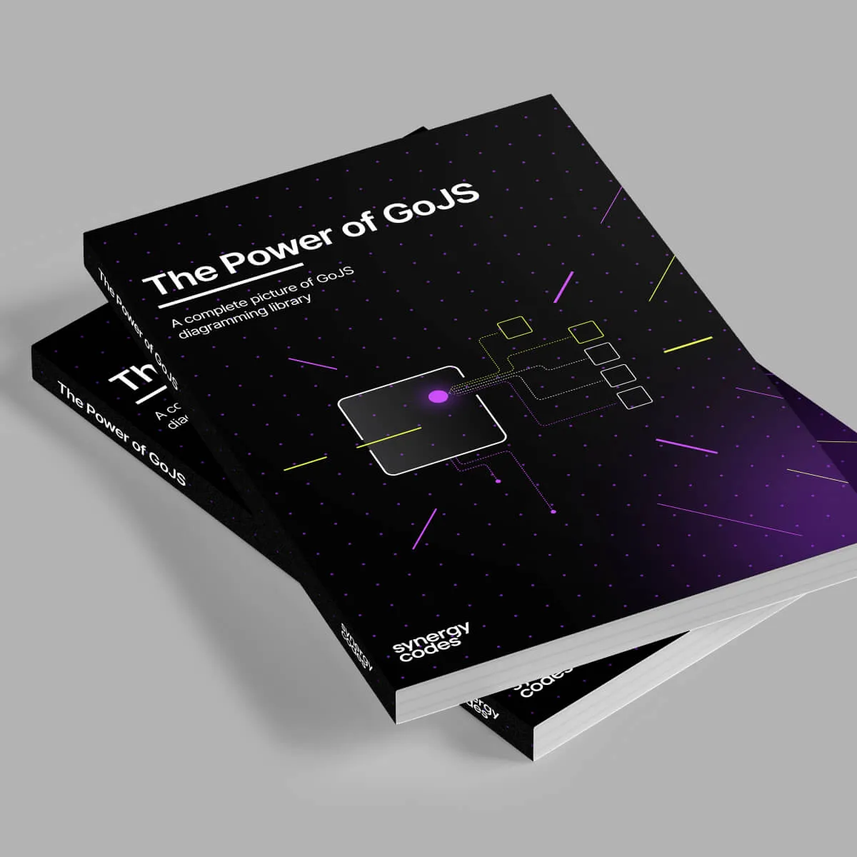 Stack of books titled ‘The Power of GoJS’ with a sleek black cover featuring a modern diagram illustration and purple accents. Highlights a comprehensive guide to mastering the GoJS diagramming library by Synergy Codes.