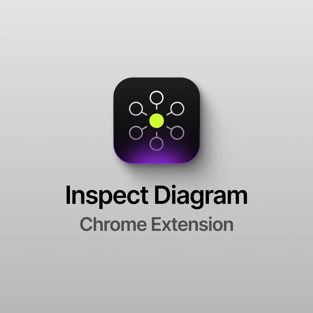 Logo of the ‘Inspect Diagram’ Chrome Extension featuring a modern icon with interconnected nodes and a central glowing yellow dot on a gradient black and purple background. Designed for diagram analysis and enhancement.