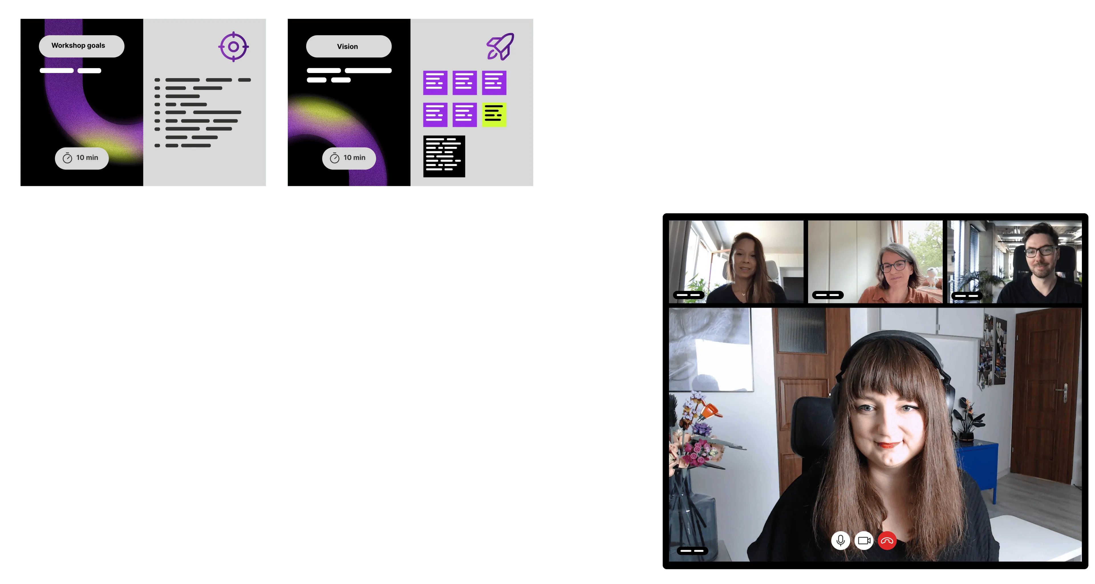 The image is divided into two main sections. On the left, there are two slides, each with a title and text. The first slide is titled "Workshop Objectives" and has a clock icon indicating "10 min". The second slide is called "Vision" and also has a clock icon indicating "10 min". Both slides contain placeholder text and graphics.

On the right, there is a screenshot from a video conference with four people. The video call interface shows three participants in smaller windows at the top and one participant in the larger window at the bottom. A participant in the larger window appears to be speaking or presenting, as indicated by the microphone and chat icons at the bottom of the screen.