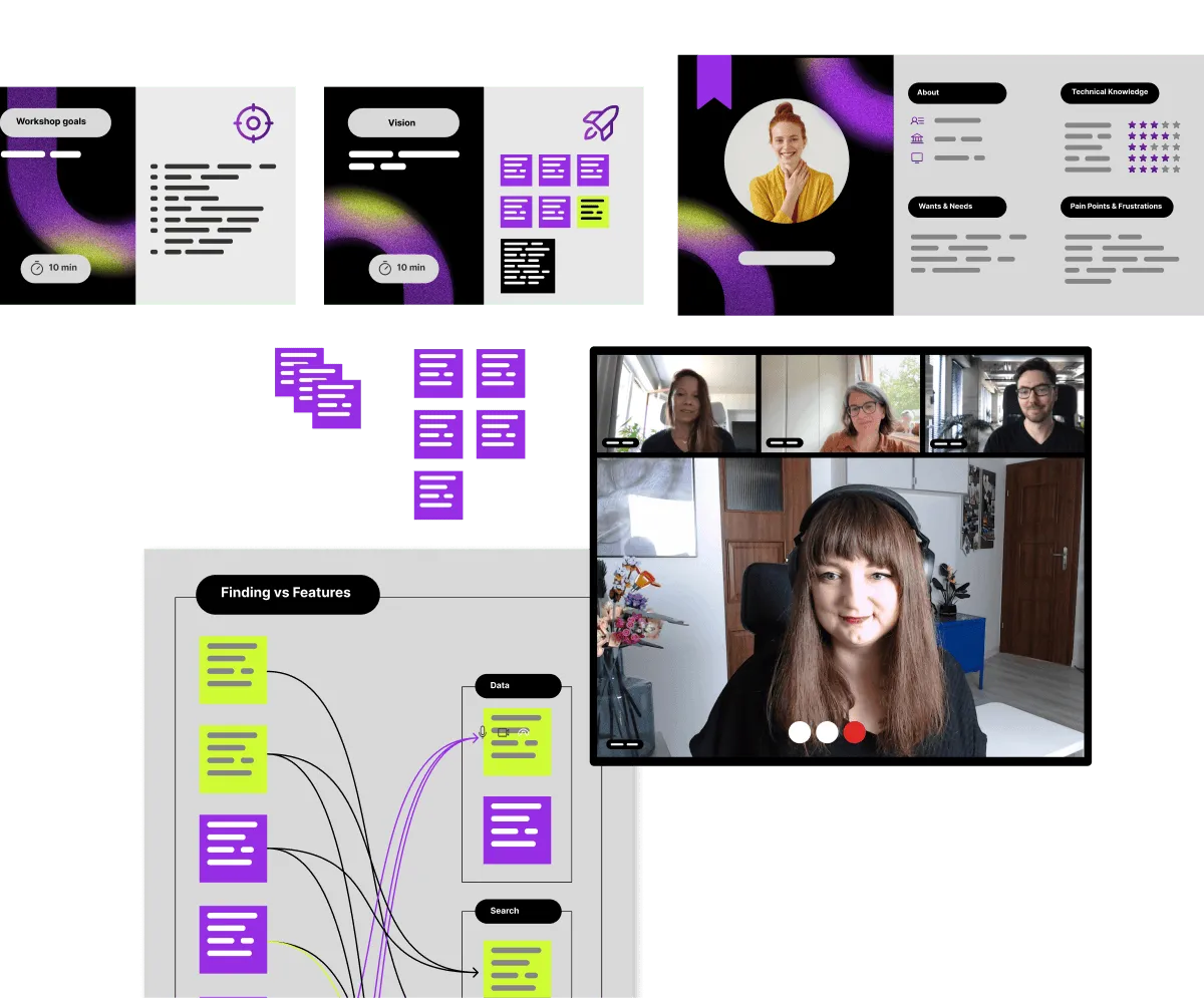 The image features collaborative tools and sticky notes outlining product vision and research findings. The workshop highlights the importance of user research services and product discovery services to define key features for software product development. 
