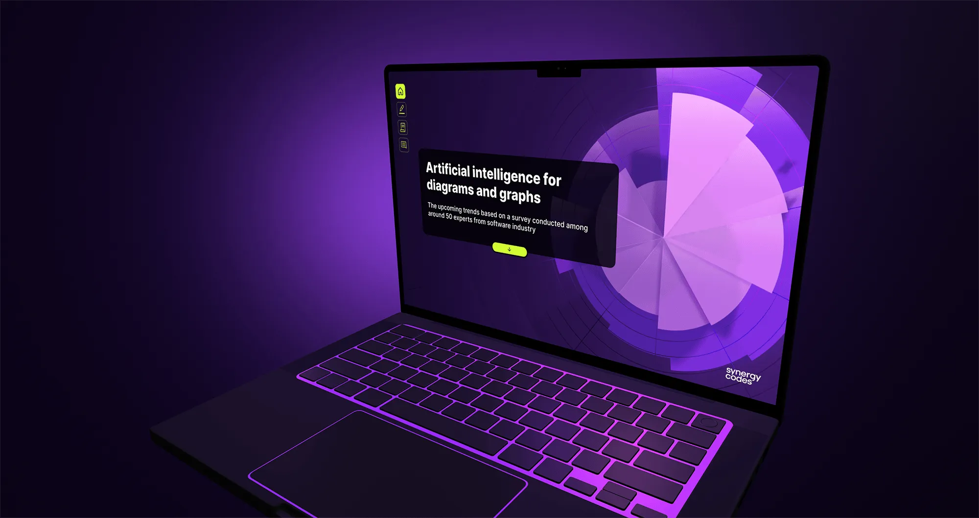 Laptop screen displaying AI trends for diagrams and graphs, with a purple-themed area pie chart and icons on the side.