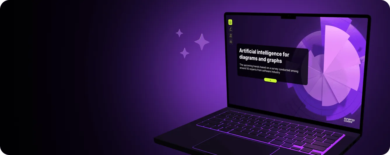 The image shows a laptop with a purple-toned screen displaying a presentation or web page. On the screen is the title "Artificial Intelligence for Diagrams and Charts" and the subtitle "Upcoming Trends Based on a Survey of About 50 Software Industry Experts." On the right side of the screen is a pie chart or a circular chart. In the bottom right corner of the screen, you can see the text "synergy codes." The laptop is set on a dark purple background with some star-like shapes.