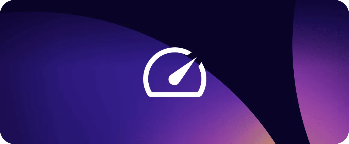White speedometer icon with needle pointing right on a purple and dark blue abstract background.