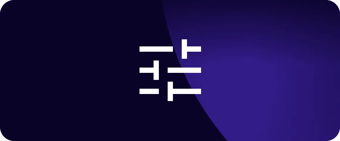 Abstract white geometric shape composed of horizontal and vertical bars on a dark blue and purple gradient background.