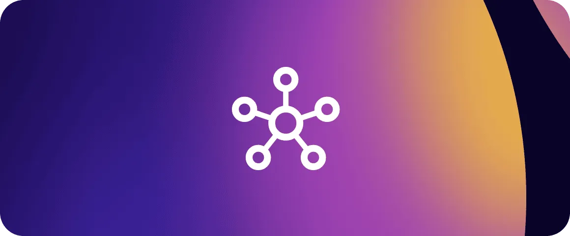 White network node icon with six connected circles on a purple to orange gradient background.