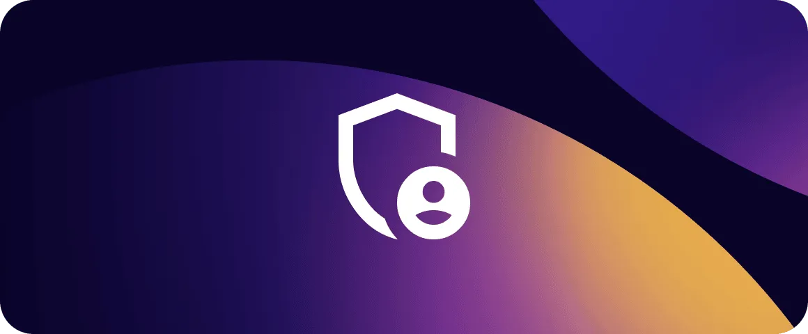 White shield icon with a user silhouette inside on a purple and orange gradient background.