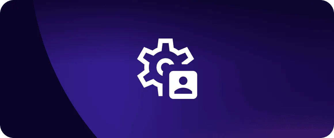 White gear icon with a user profile symbol on a dark blue gradient background.