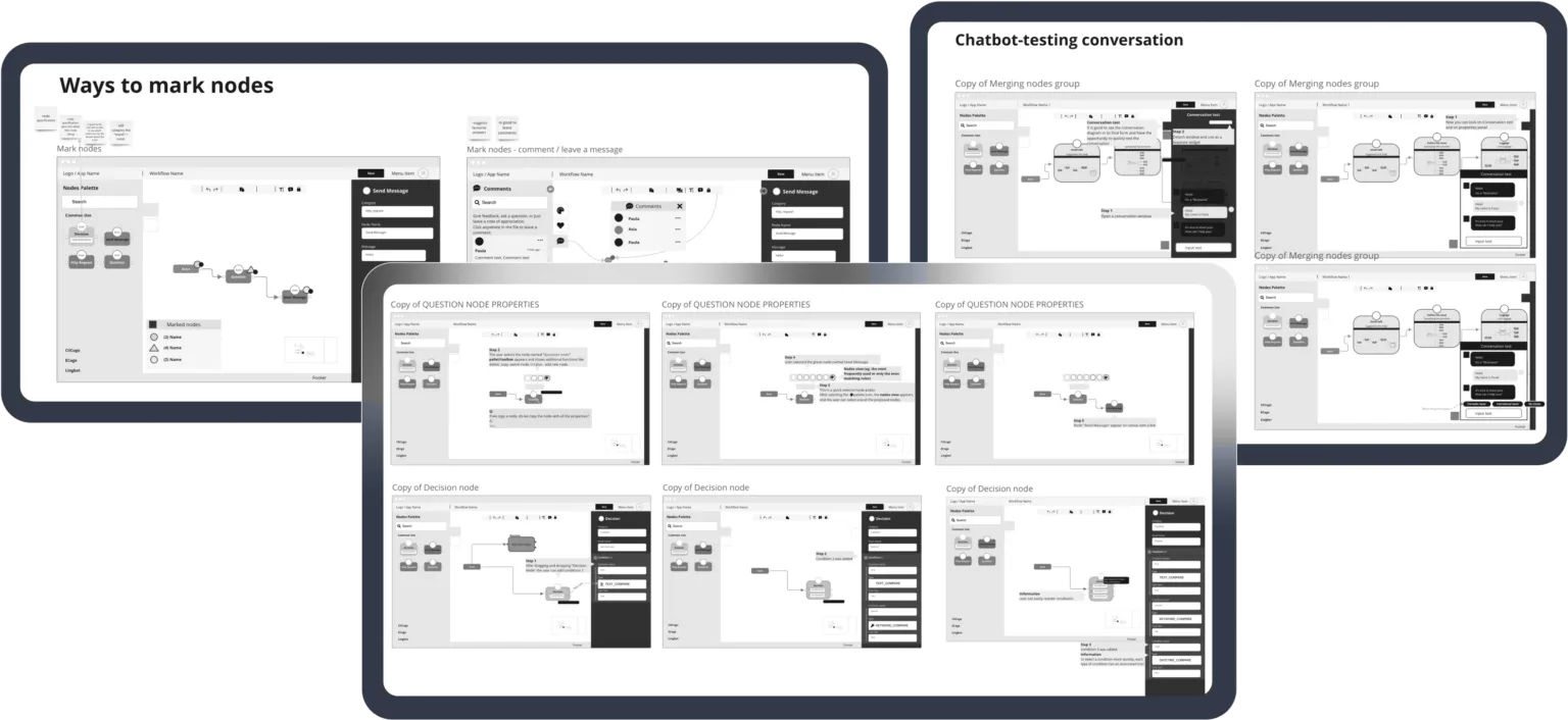 Wireframes and design prototypes of a workflow editor and chatbot interface with multiple iterations and node customization features.