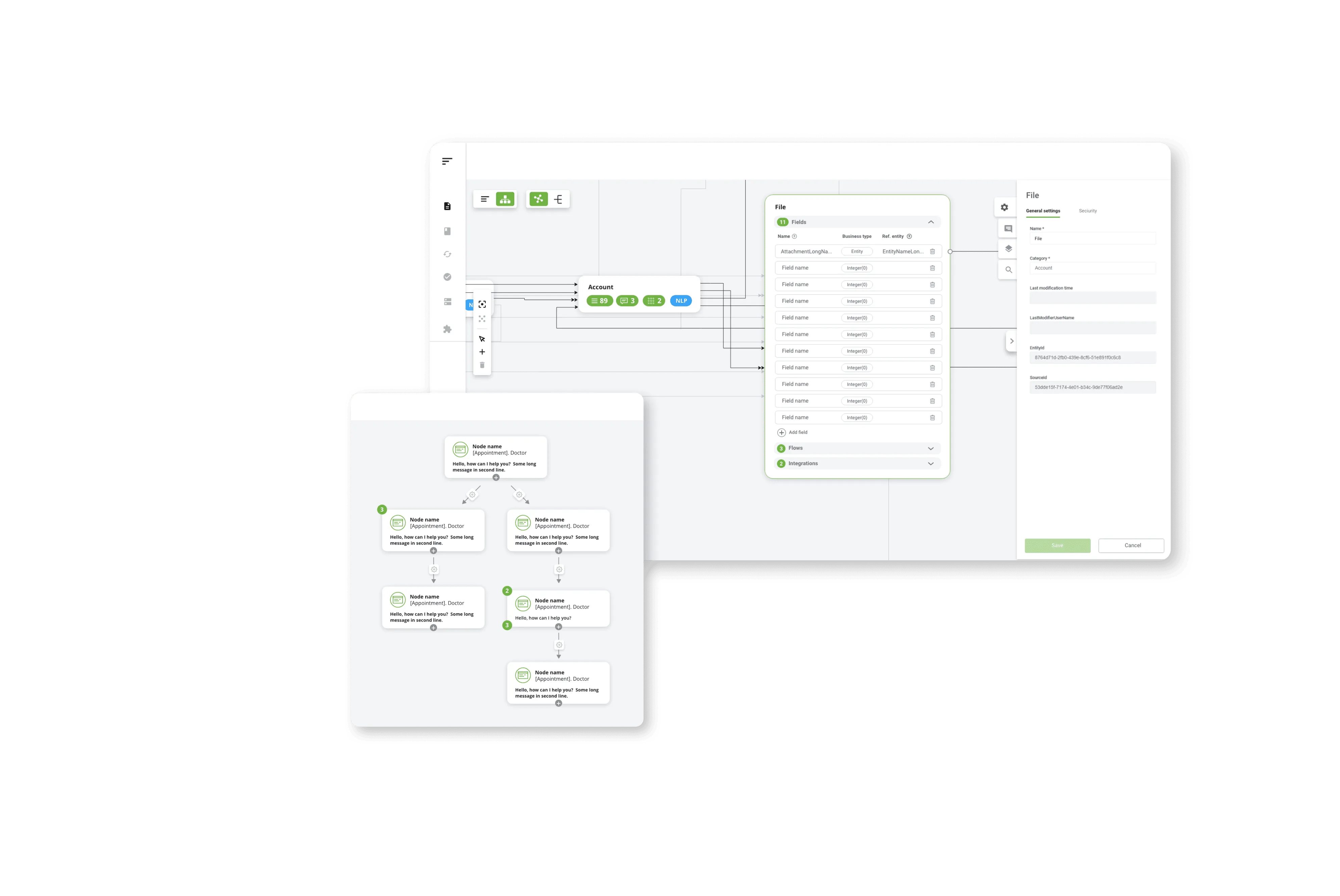 A visual interface showcasing a data flow designer with interconnected data entities and fields, accompanied by a file configuration panel on the right. Below, a hierarchical workflow diagram displays connected nodes with labels and pathways, all presented in a green-themed design.
