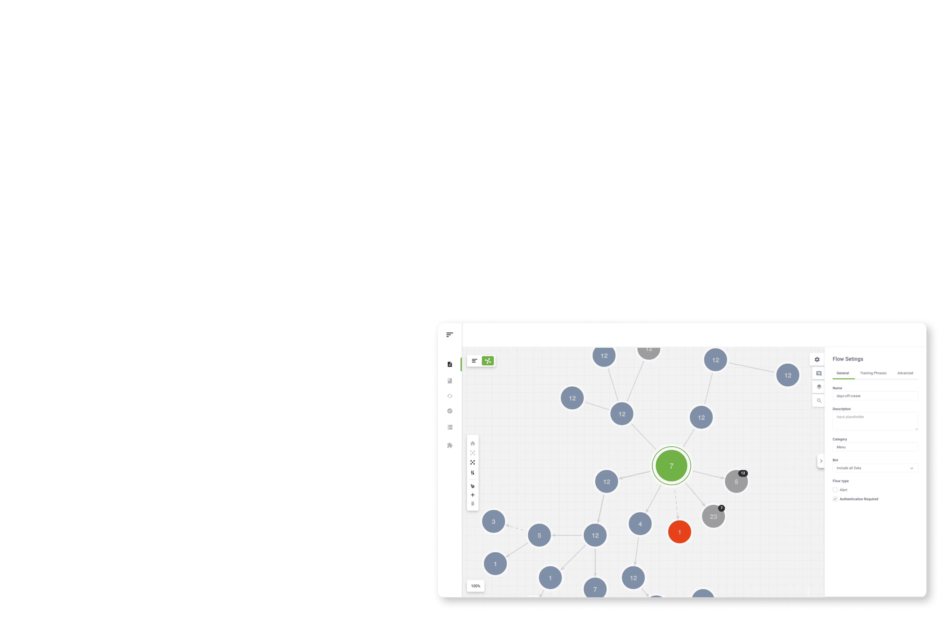 A visual interface displaying a node-based graph structure, with interconnected circular nodes of varying sizes and colors, centered around a green node. The right side features a "Flow Settings" panel for customization and configuration.