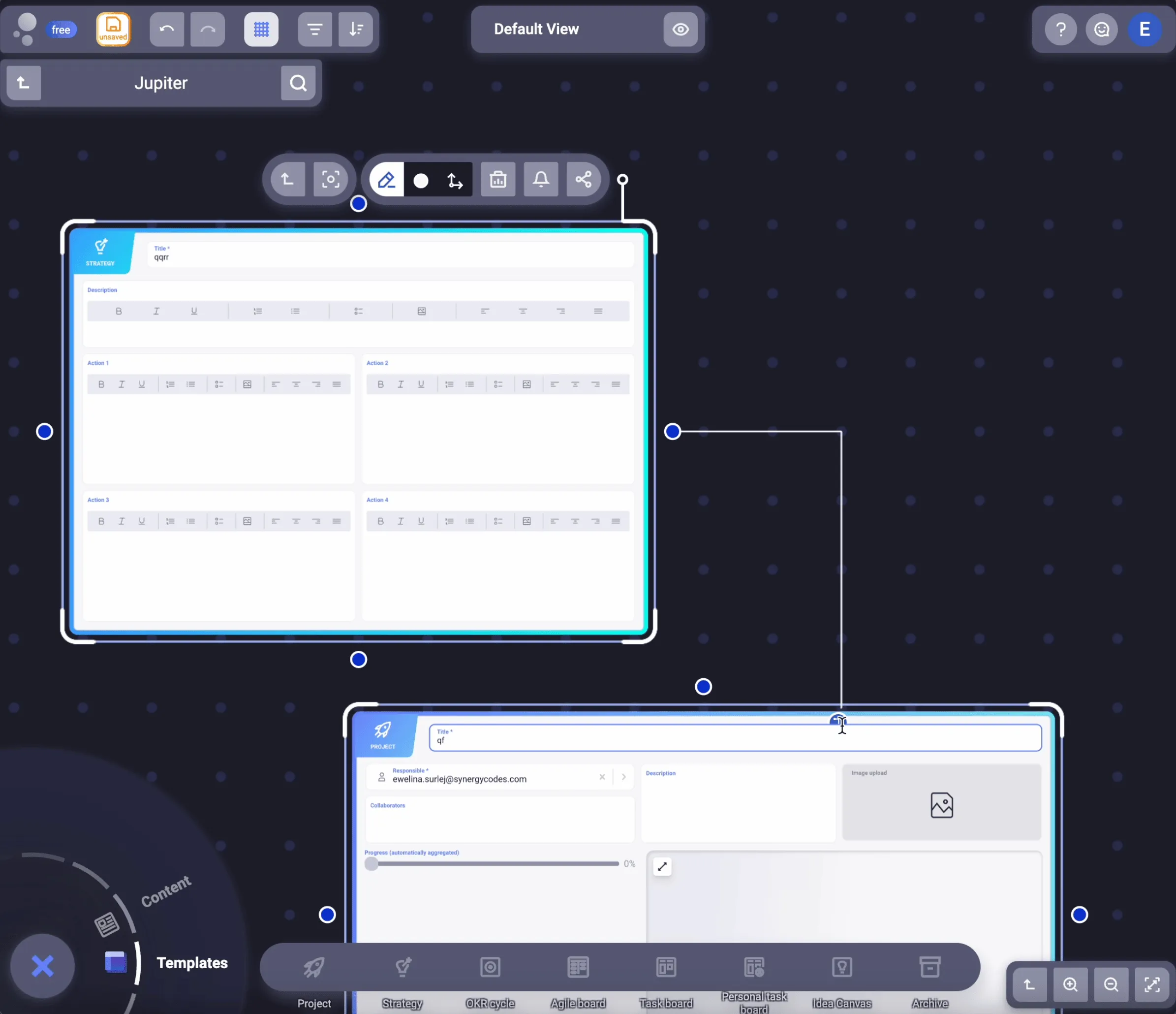 The image shows a user interface of a Yjs-powered real-time collaboration tool. It features two connected templates labeled "Strategy" and "Project," with editable text boxes for descriptions, actions, and progress tracking. Collaboration and organizational elements are visible, with additional tools in a radial menu at the bottom.