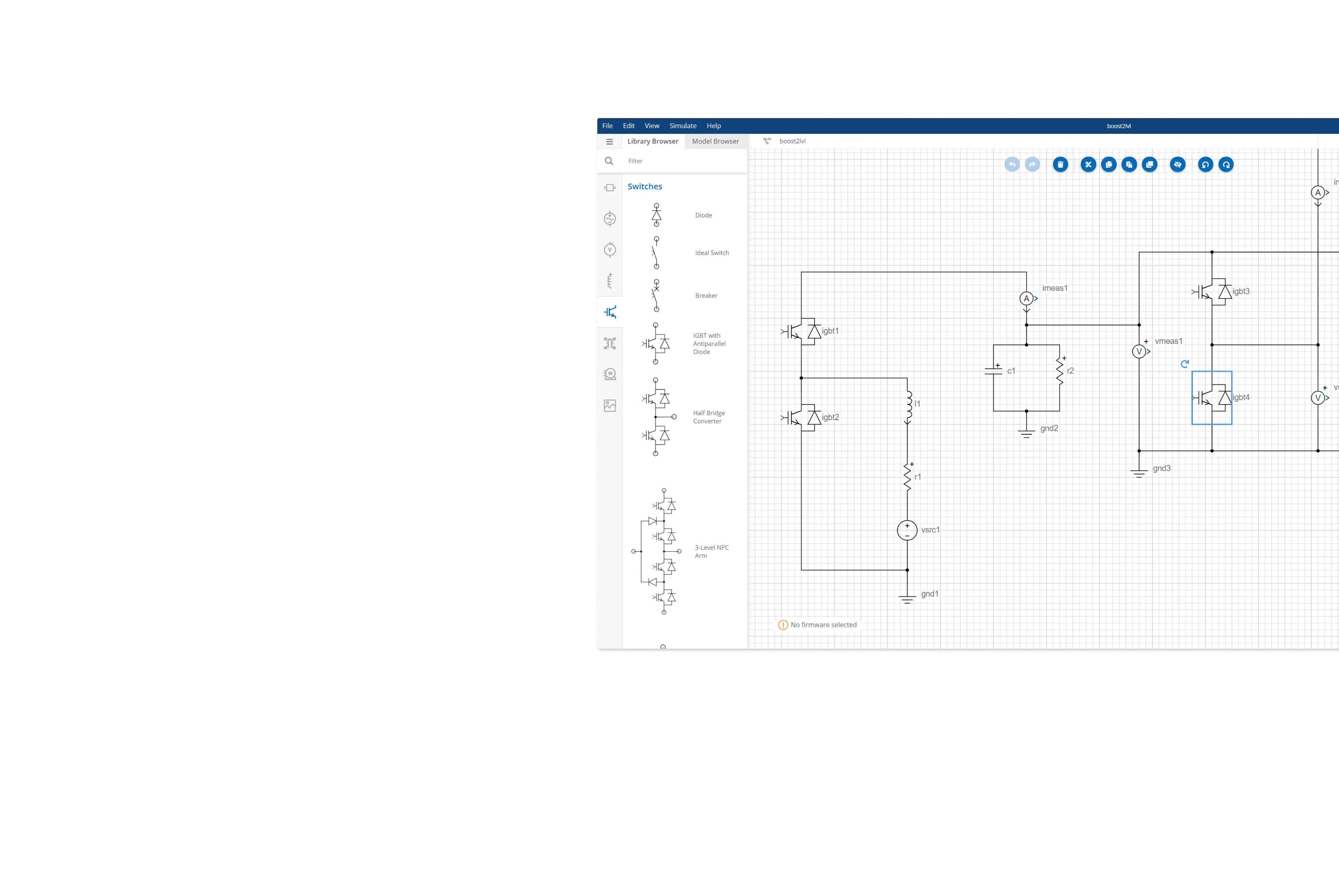 Electrical circuit simulation in a schematic editor with various components and connections.