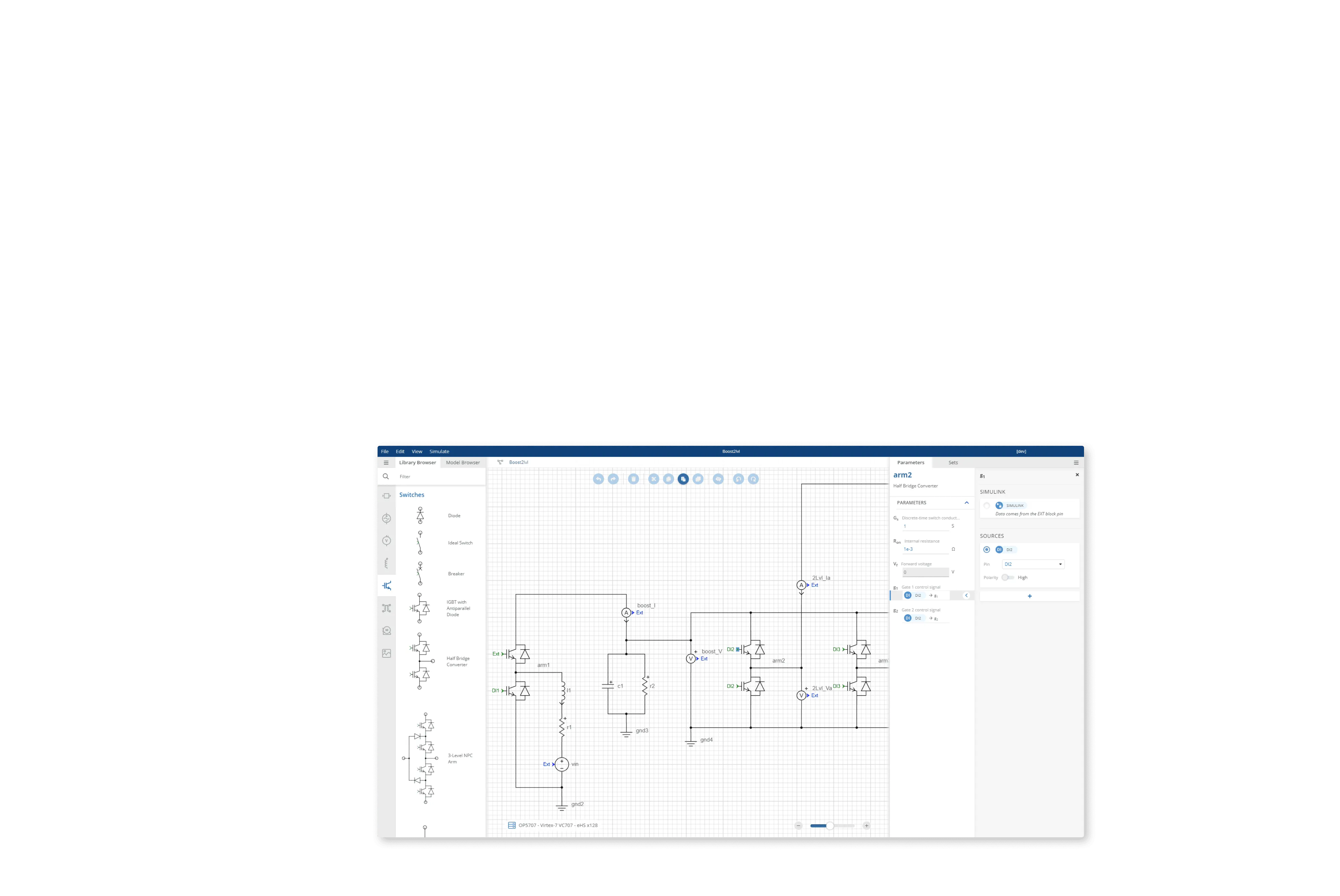 Electrical circuit simulation with a schematic editor interface and component properties panel.