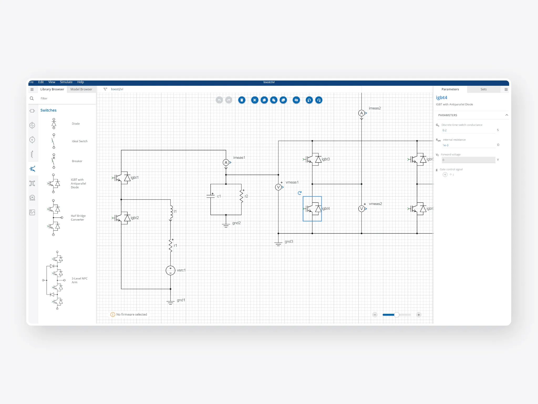 Electrical circuit design with IGBT components in a schematic editor, showing parameter settings on the right panel.