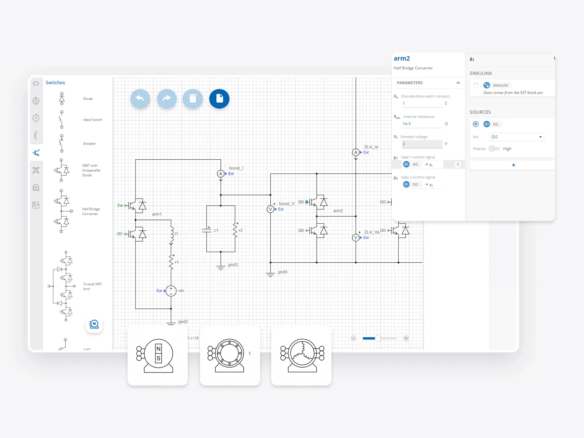 Electrical circuit simulation interface with schematic editor, toolbar, and component properties panel.