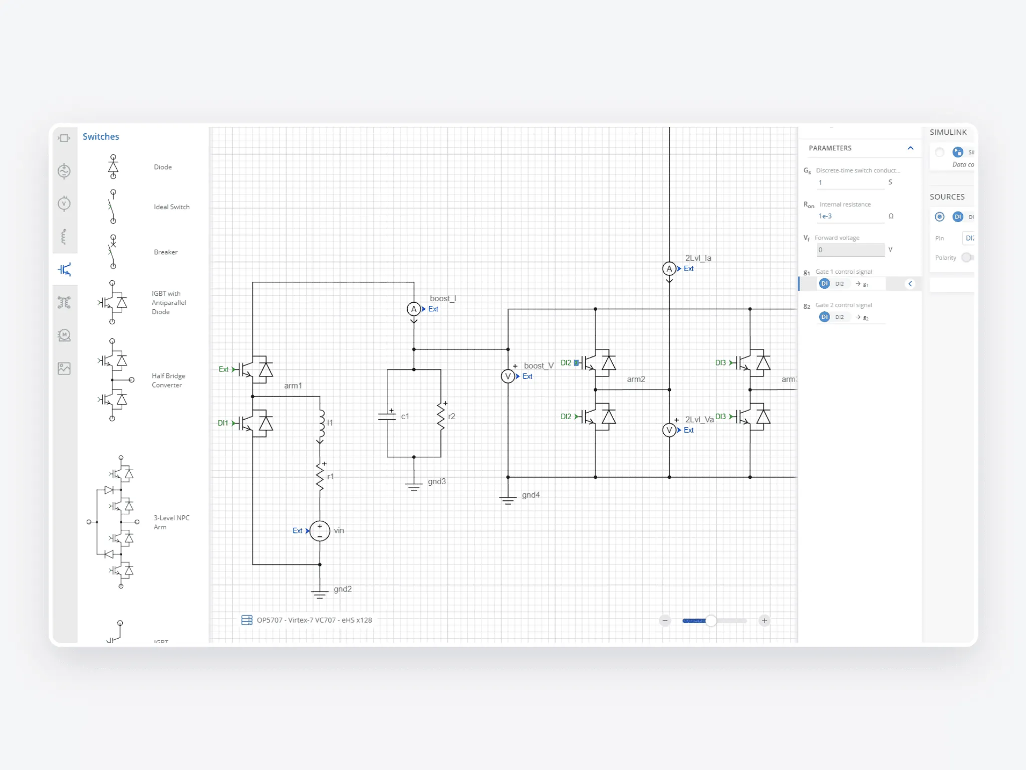 Detailed schematic of an electrical circuit in a simulation environment with various components and connections.