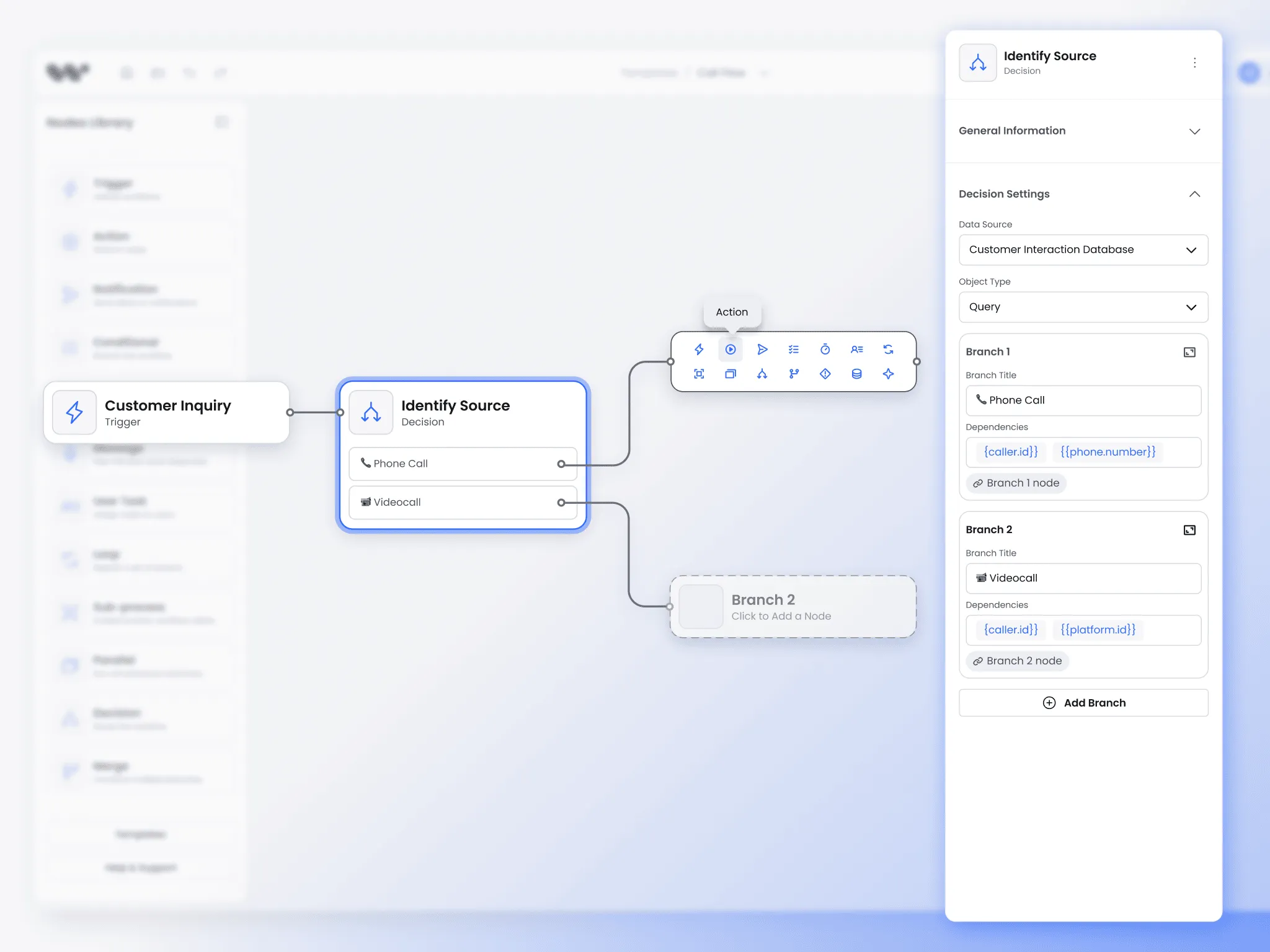 A visual call flow interface, showing a decision tree for identifying customer inquiries via phone or video calls. The settings panel displays query-based decision rules.