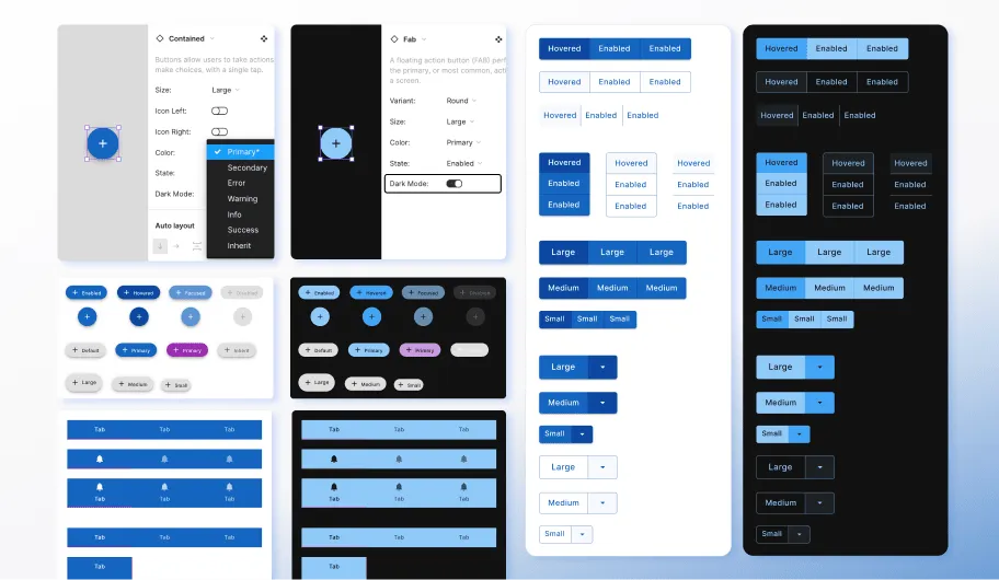 A UI component library displaying different button styles, sizes, and states, including dark mode variations and accessibility-focused designs.