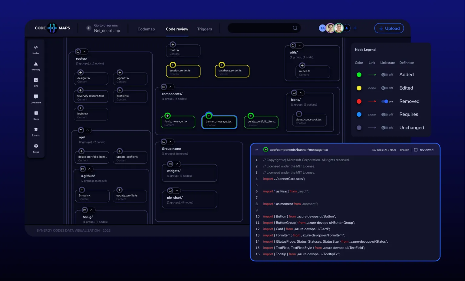 A dark-themed code review visualization tool displaying a file structure with nodes, color-coded indicators for changes, and a code snippet on the right.