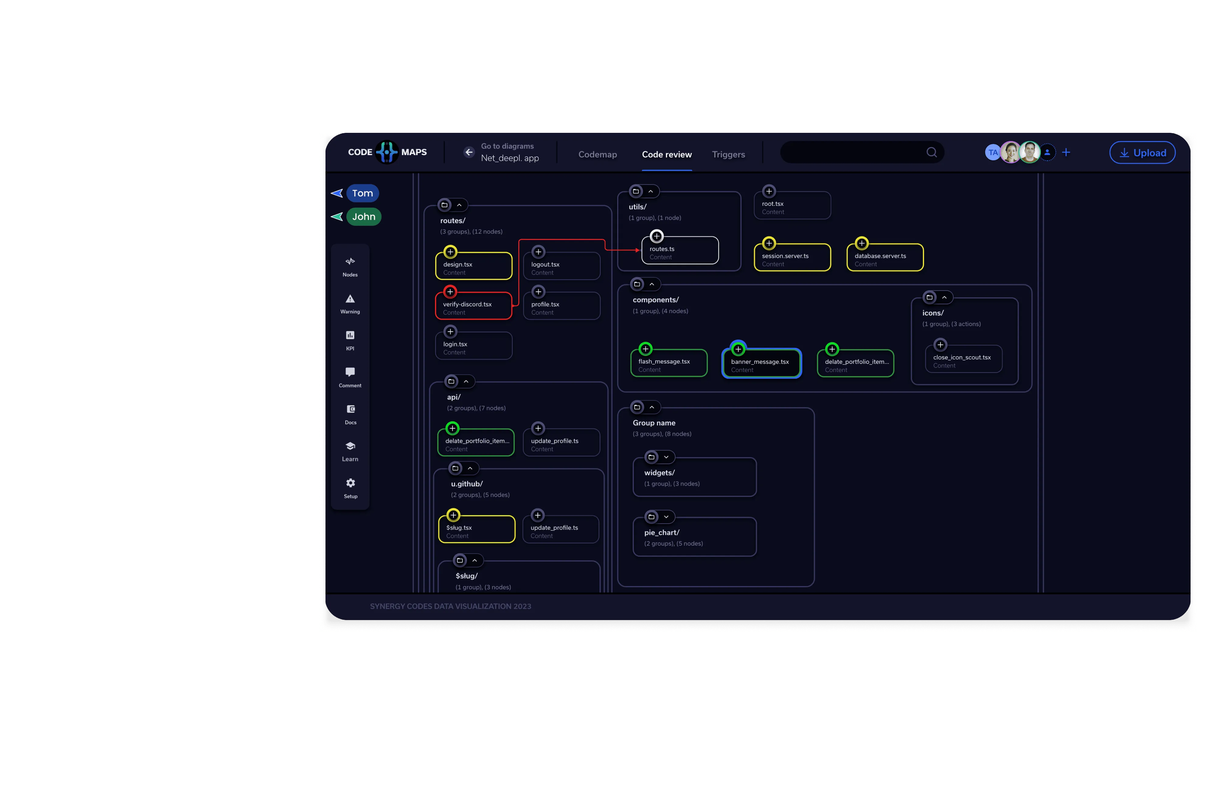 A dark-themed code review visualization tool displaying a file structure with nodes, color-coded indicators for changes, and a code snippet on the right.