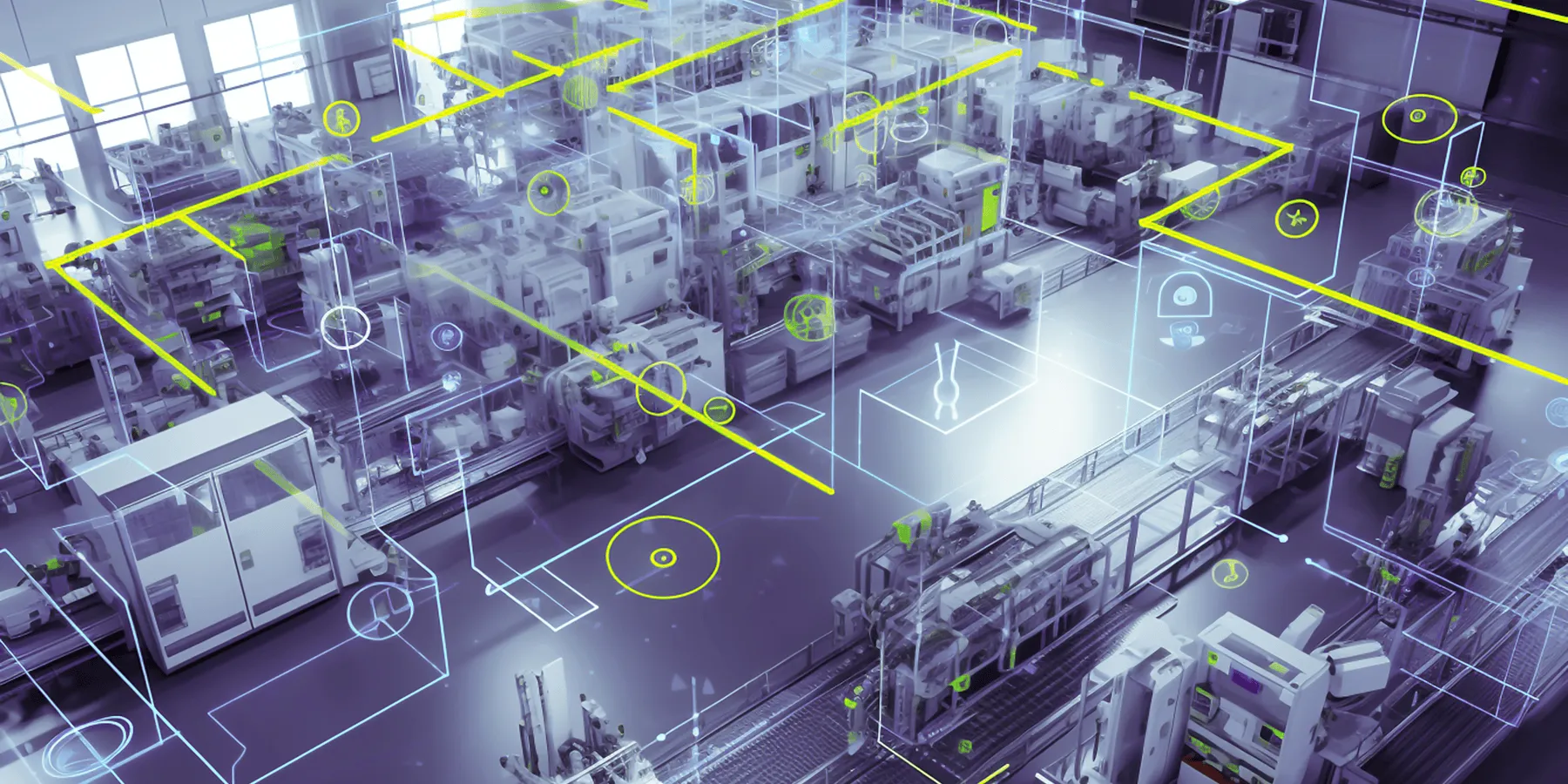 Smart factory floor with industrial machines overlaid by digital interfaces, representing real-time data flow and IoT connectivity in a manufacturing environment.