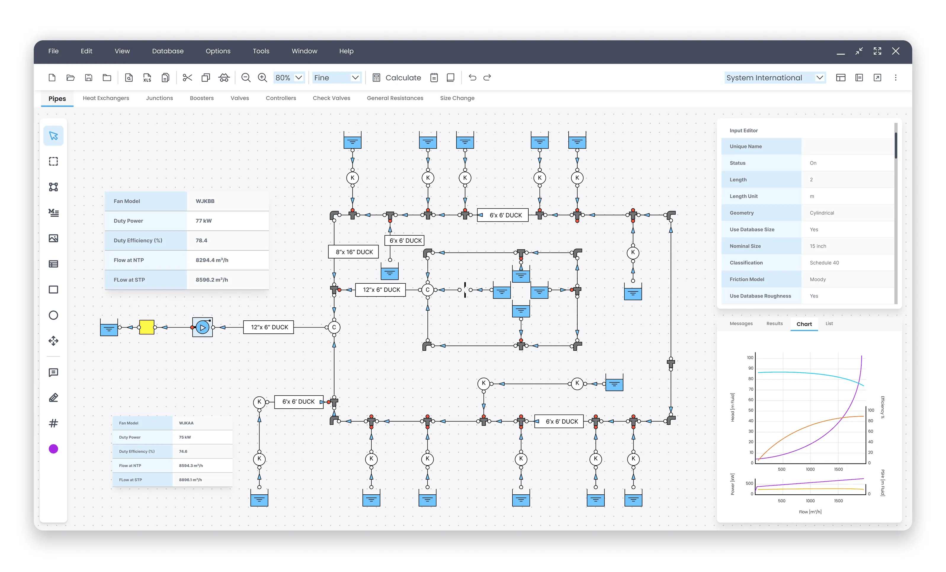 Detailed fluid dynamics simulation interface displaying pipe network design, system parameters, and performance charts.