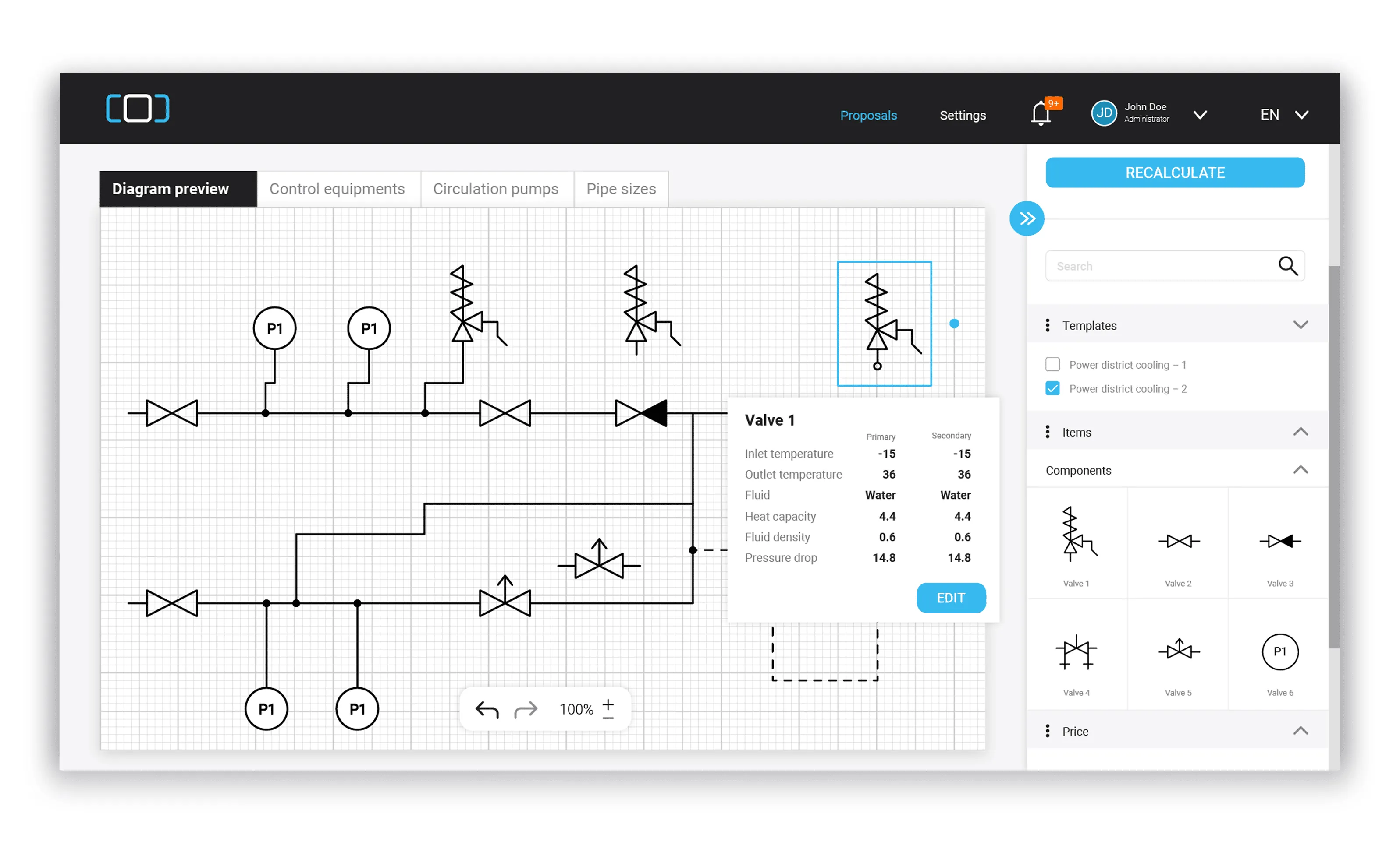 Interactive diagram builder for HVAC systems with editable components, schematic symbols, and parameter control panel.