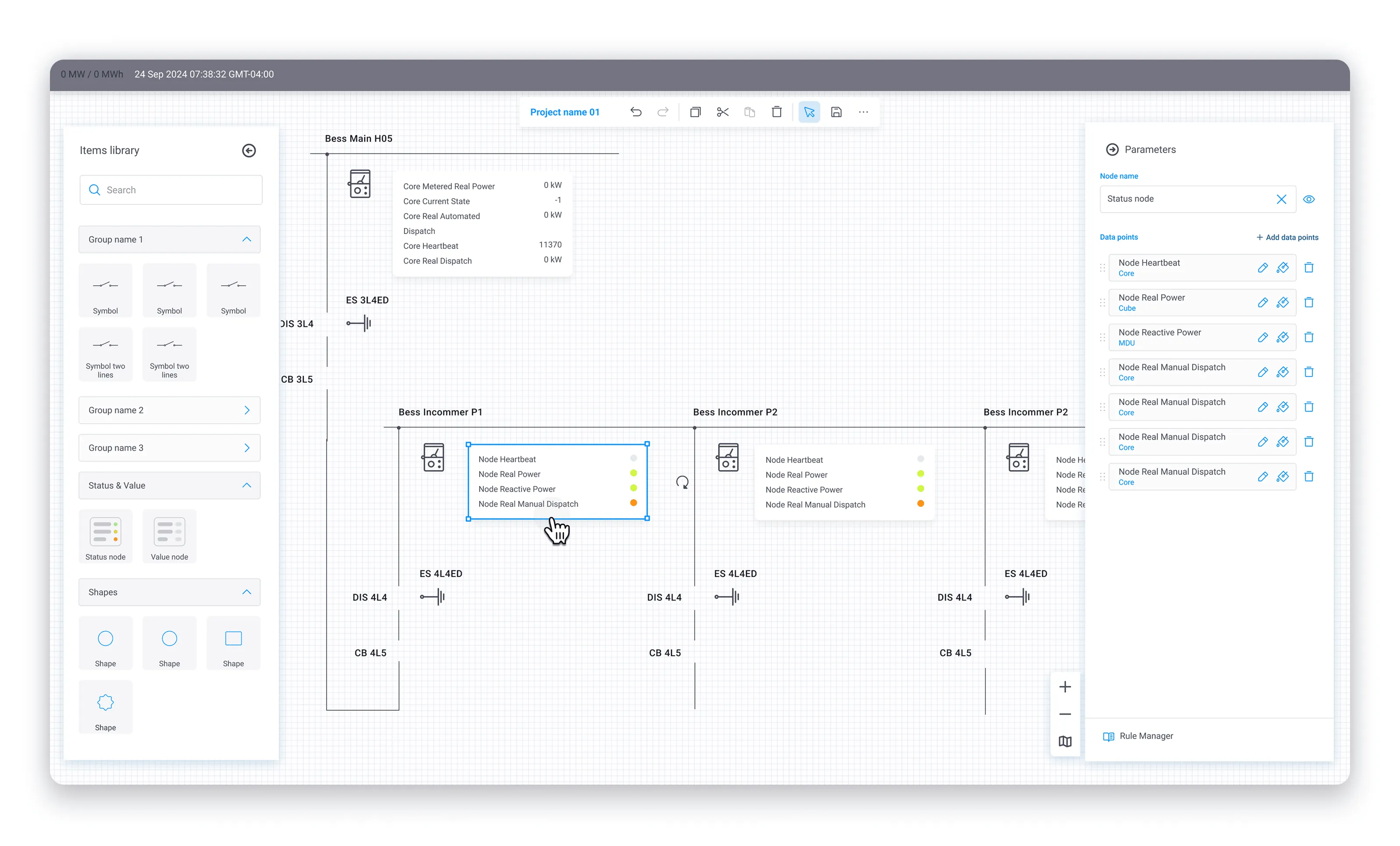 Industrial power monitoring interface with real-time node data, status indicators, and editable parameters in a digital twin setup.