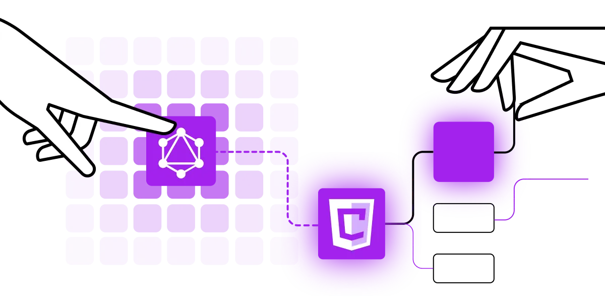 Stylized graphic of a hand selecting a GraphQL symbol from a grid, connected to a real-time data processing icon and UI components.