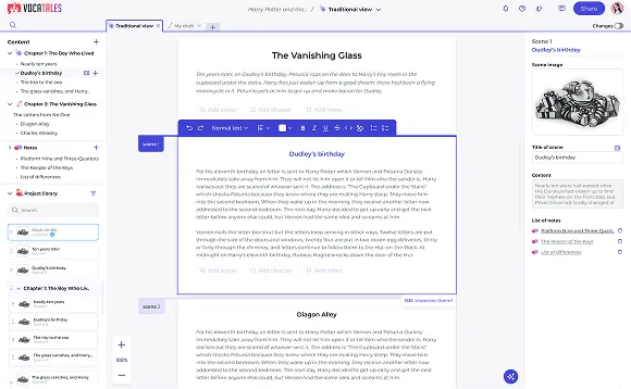 Screenshot of a digital reading platform displaying 'The Vanishing Glass' with text sections on 'Dudley's birthday' and 'Digon Alley', plus a navigation sidebar and a tiger illustration on the right.