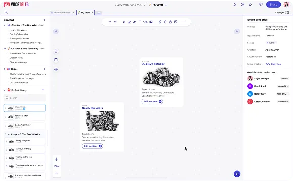 Screenshot of a digital project board named 'My draft' with cards for Harry Potter chapters, showing scene previews and project details in an app interface.