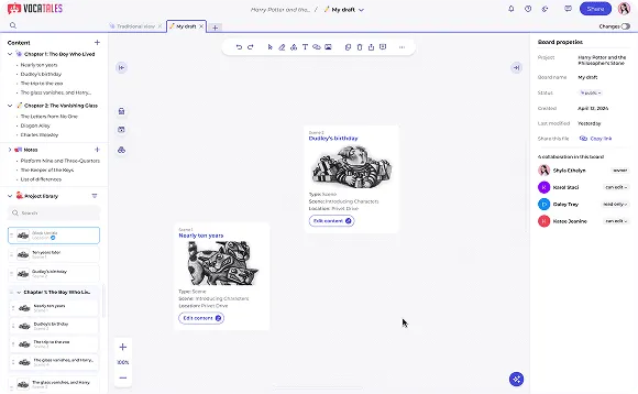 Screenshot of Vocatales app showing a project board titled 'My draft' with story scenes outlined and sorted, including thumbnails and text for 'Nearly ten years' and 'Dudley's birthday'.