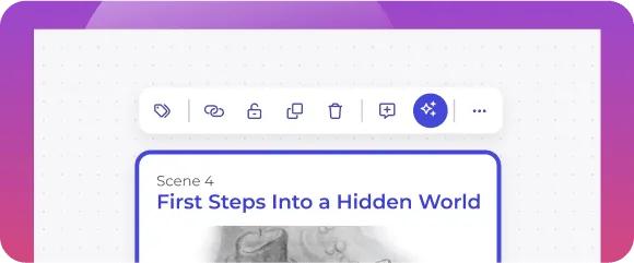 User interface showing editing toolbar above a card titled 'Scene 4 First Steps Into a Hidden World' on a purple gradient background.