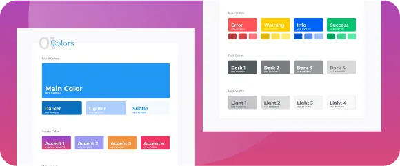 Website color palette showing main blue color with darker, lighter, and subtle shades, various accent colors, and status colors including error, warning, info, and success, along with dark and light gray tones.