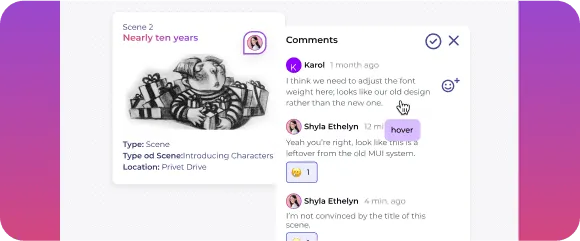 User interface showing a comment thread about adjusting font weight on a black and white cartoon image titled Nearly ten years, with comments from Karol and Shyla Ethelyn.