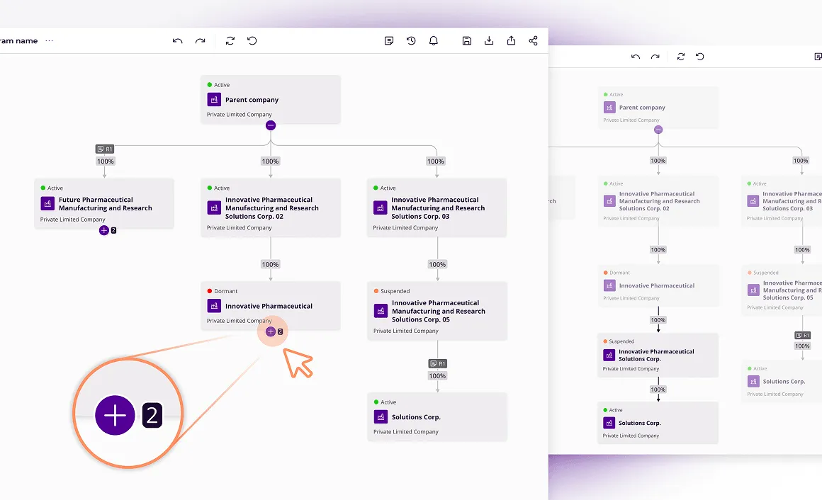 User interface depicting an entity diagram and expand/collapse branches feature.