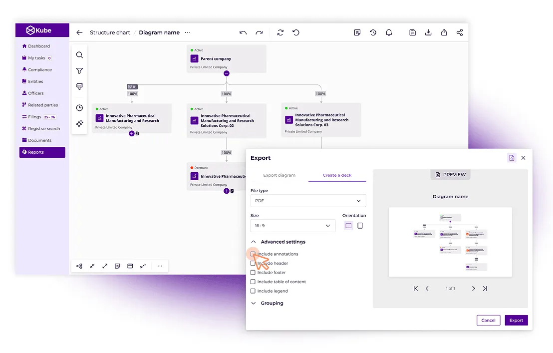 View of Kube application's user interface with two canvas depitcting a entity diagram and export feature.