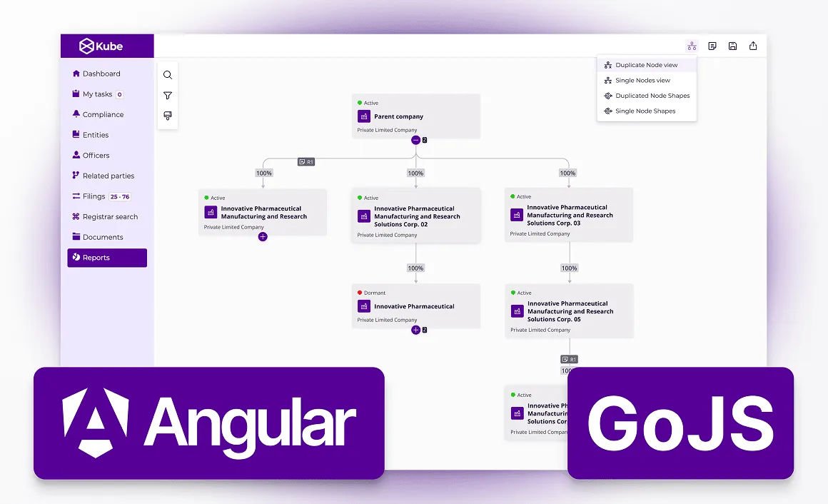User interface presenting entity diagram with Angular and GoJS logotypes in the foreground.