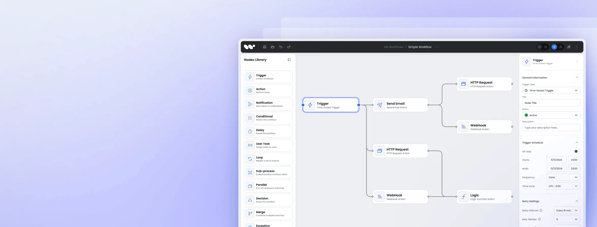 Workflow Builder with a time-based trigger and multiple action nodes including email, HTTP request, and webhook.